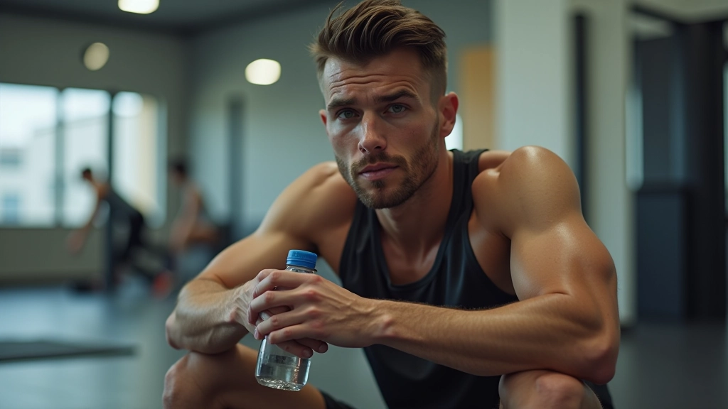Atleta a descansar após treino intenso, sentado com garrafa de água, respiração acelerada, expressão de satisfação e cansaço numa sala de ginásio moderna