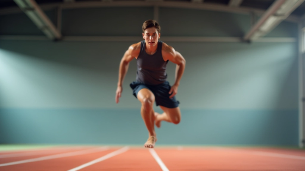 Atleta em movimento, saltando com energia numa pista desportiva indoor