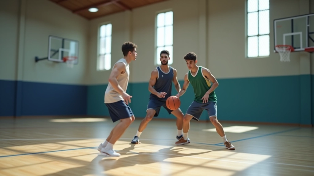 Jogadores de basquetebol em ação, executando um pick-and-roll, com posições e movimentos estratégicos visíveis