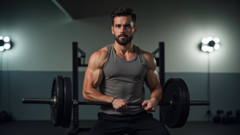 Instrutor de fitness demonstrando técnica de agachamento com barra de peso, postura correta e alinhamento do corpo numa sala de musculação profissional