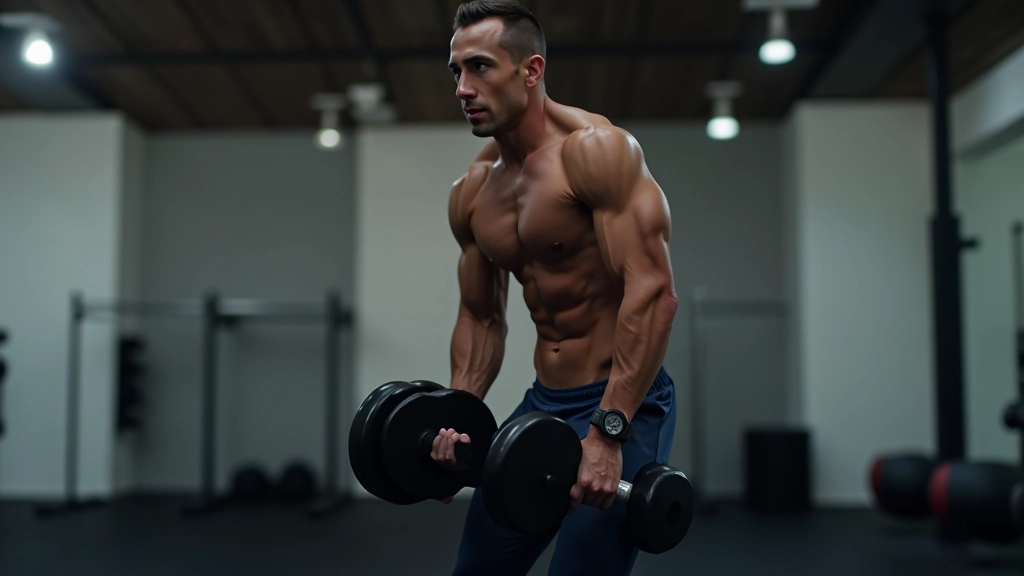 Instrutor de fitness mostrando postura correta durante exercício de força com halteres