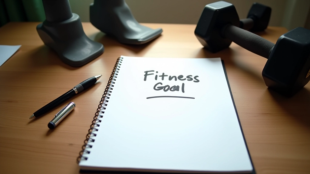 Pessoa a definir objetivos de treino, escrevendo num caderno de fitness com gráficos de progresso e equipamento desportivo ao lado numa mesa de madeira