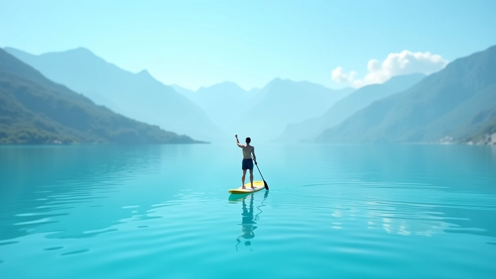 Pessoa a fazer stand-up paddle em lago cristalino, rodeada de montanhas, luz solar brilhante