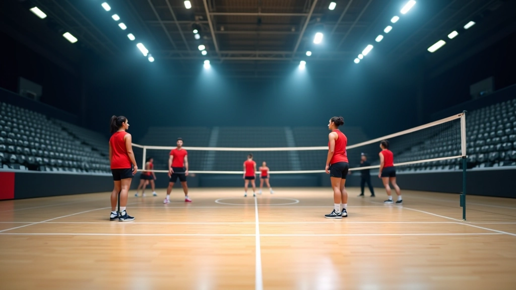 Equipa de voleibol durante um jogo, mostrando formação defensiva, levantador e rematadores em posição